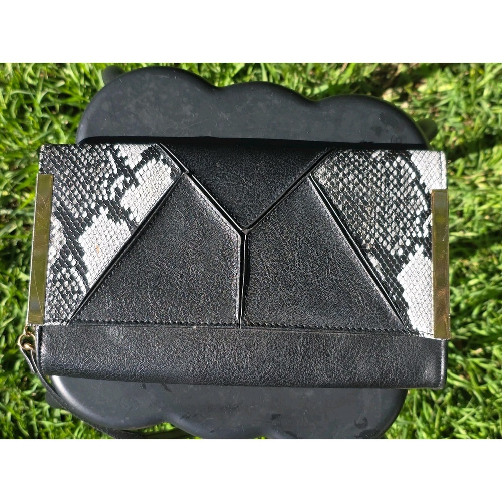 Black Faux Leather Snake Print Envelope Clutch Bag Gold Hardware